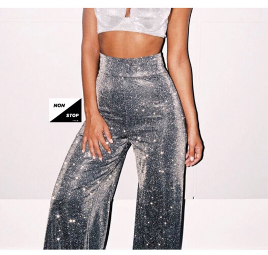 بنطلون فضي لامع خصر عالي