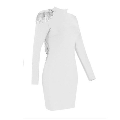 فستان ابيض باندج مع شوارفسكي على الظهر