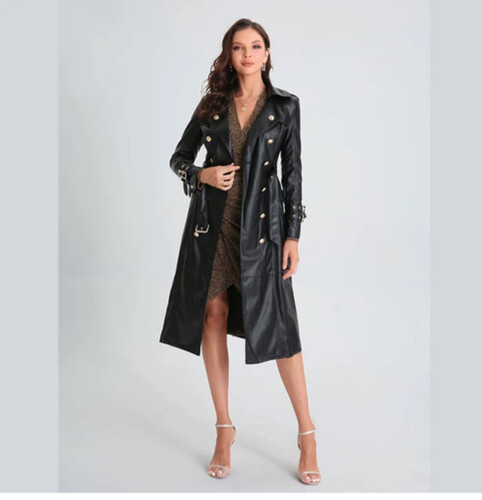 جاكيت كوت جلد اسود مع حزام و ازره