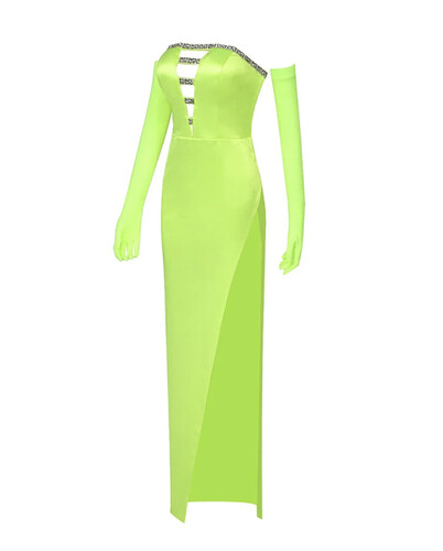 فستان اخضر نيون مع قفازات و شوارفسكي