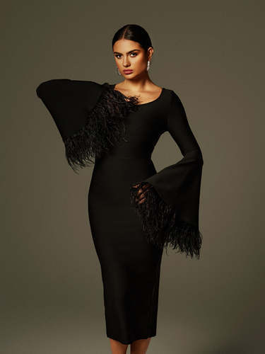 Black dress with feathers