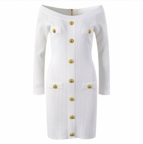 فستان ابيض ب اكمام طويله كتف نازل