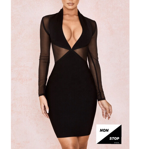 فستان اسود باندج مع اكمام شفافة