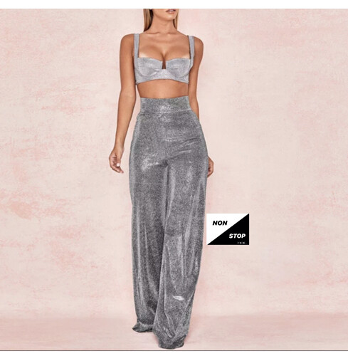 بنطلون فضي لامع خصر عالي