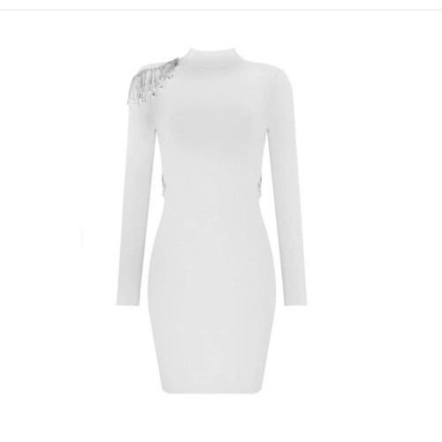 فستان ابيض باندج مع شوارفسكي على الظهر