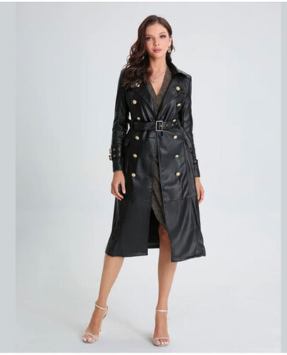 جاكيت كوت جلد اسود مع حزام و ازره