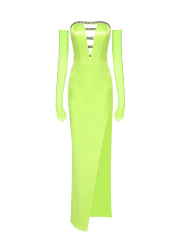 فستان اخضر نيون مع قفازات و شوارفسكي