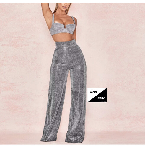 بنطلون فضي لامع خصر عالي