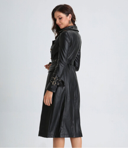 جاكيت كوت جلد اسود مع حزام و ازره