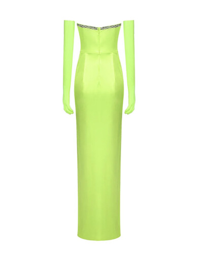 فستان اخضر نيون مع قفازات و شوارفسكي