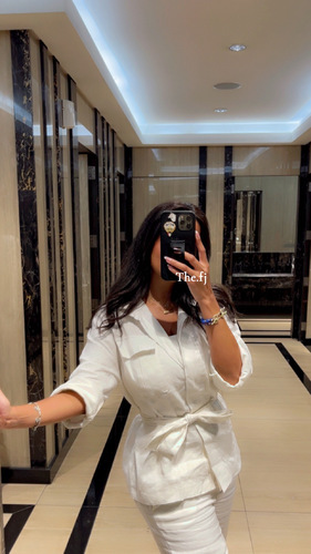 بداه قطعتين لينن ابيض بنطلون و كارديجان و حزام