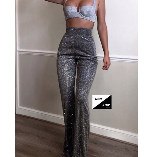 بنطلون فضي لامع خصر عالي