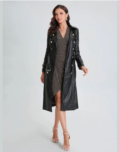 جاكيت كوت جلد اسود مع حزام و ازره