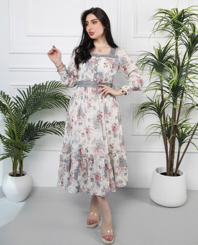 فستان شيفون ازرق فاتح و ازرار لولو