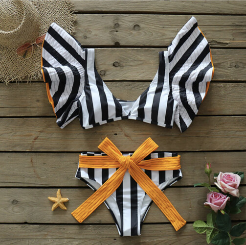 مايوه قطعتين مخطط اسود و ابيض وبرتقالي