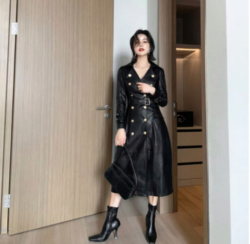 جاكيت كوت جلد اسود مع حزام و ازره