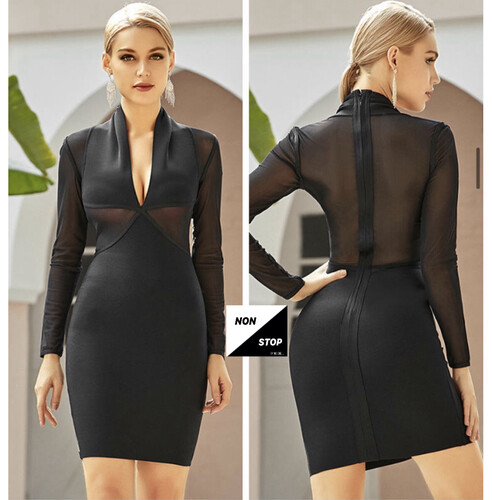 فستان اسود باندج مع اكمام شفافة