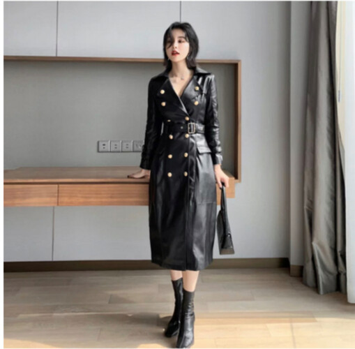 جاكيت كوت جلد اسود مع حزام و ازره