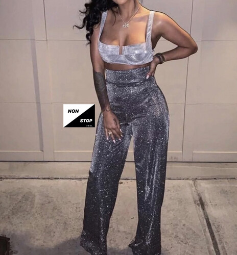 بنطلون فضي لامع خصر عالي