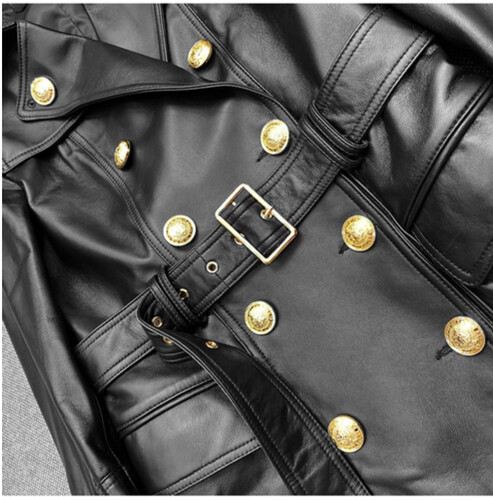 جاكيت كوت جلد اسود مع حزام و ازره