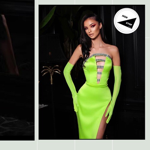 فستان اخضر نيون مع قفازات و شوارفسكي