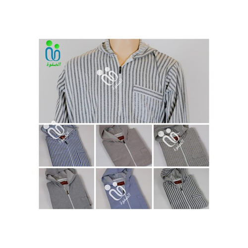 دشداشة الصفوة موديل مغربي مع كبوس شتوي ( سحاب ) N 61 اللون مقلم بيج مع رمادي