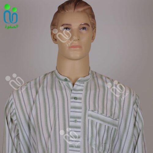 دشداشه النهار رجالي غولة مرتفعه ( كم طويل) / اللون مقلم زيتي N10.1