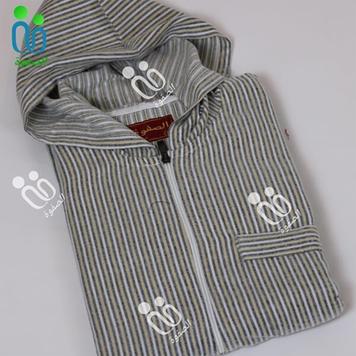 دشداشة الصفوة موديل مغربي مع كبوس شتوي ( سحاب ) N 61 اللون مقلم بيج مع رمادي