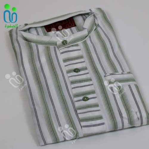 دشداشه النهار رجالي غولة مرتفعه ( كم طويل) / اللون مقلم زيتي N10.1