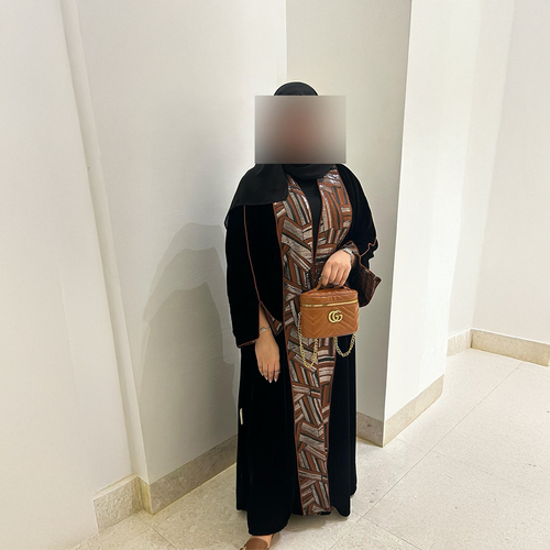 Velvet Jacquard Abaya with Orange Trim
