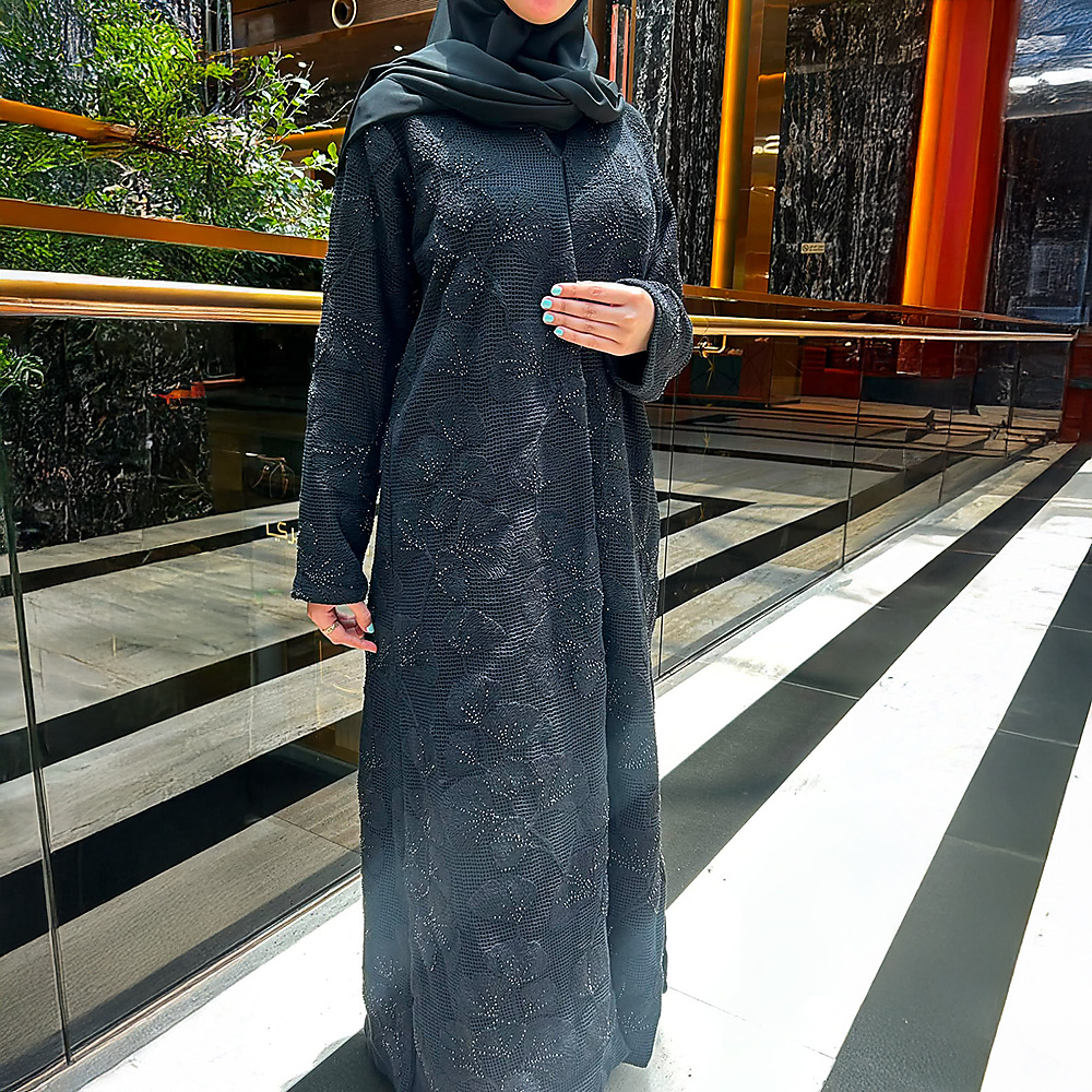 Abaya with beadwork and mesh embroidery, fully lined