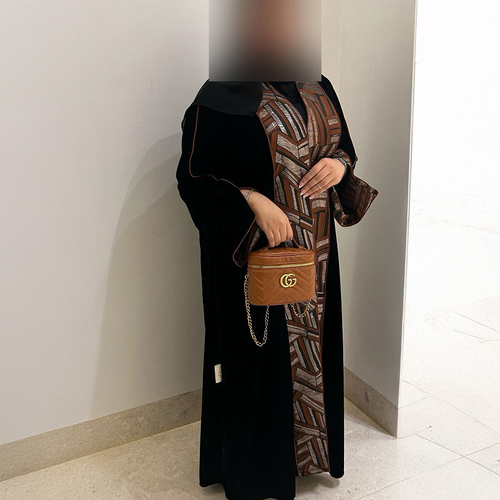 Velvet Jacquard Abaya with Orange Trim