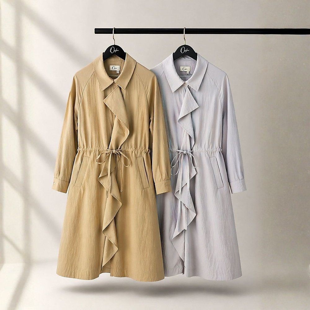 Blazer long with ruffles in front and waisted belt