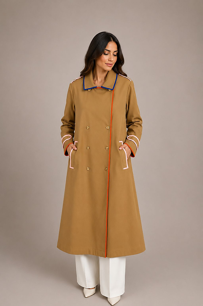 Trench Coat With Lines And Embroidery Backside