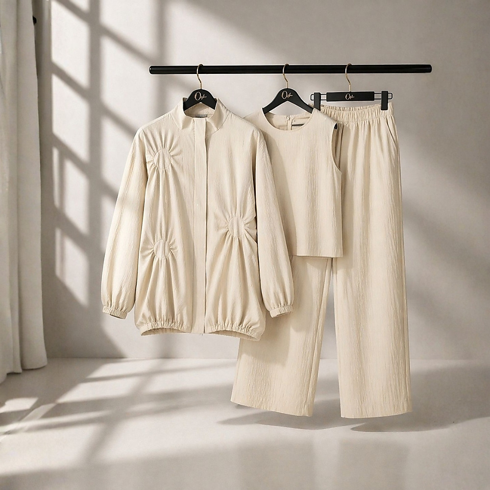 Highneck Blouse with round stitching with inner and pants set