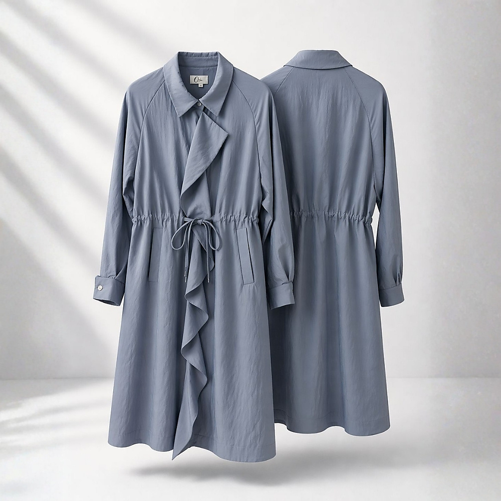 Blazer long with ruffles in front and waisted belt