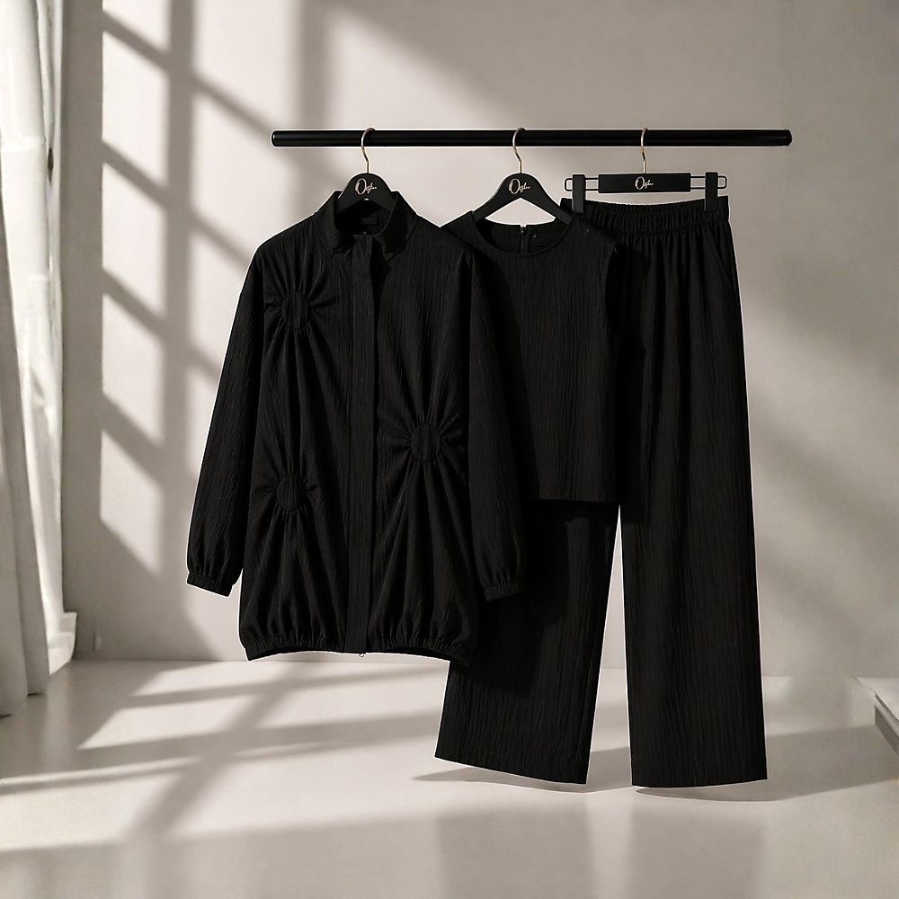 Highneck Blouse with round stitching with inner and pants set
