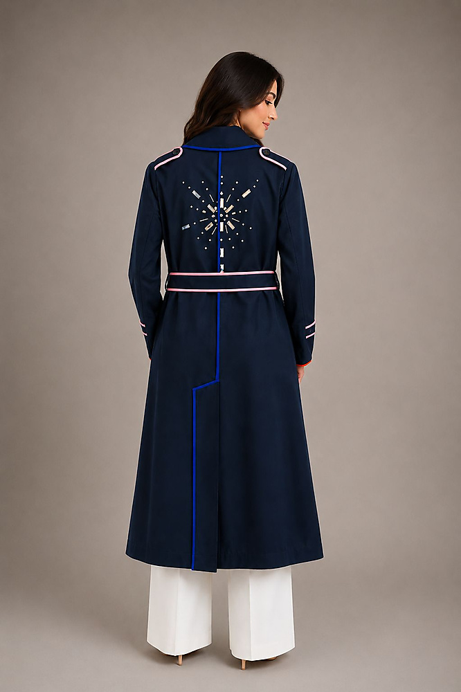 Trench Coat With Lines And Embroidery Backside