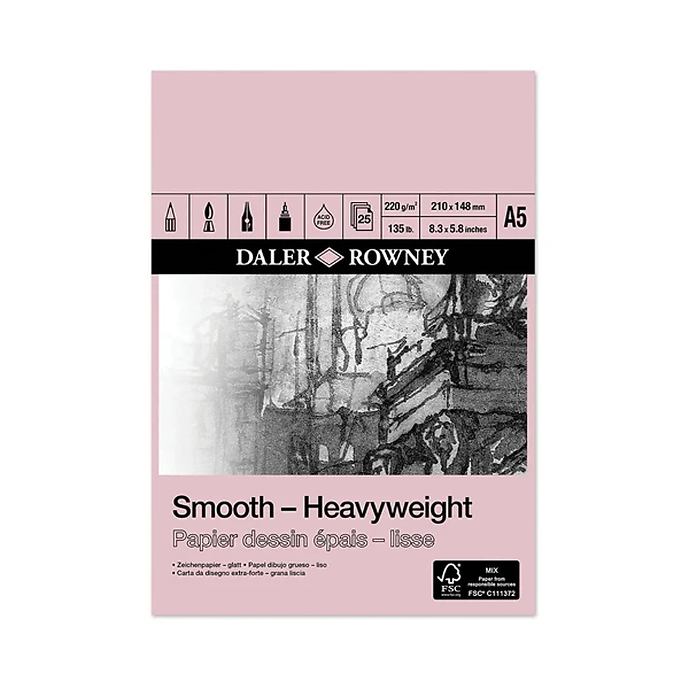 Daler-Rowney, Smooth Heavyweight Cartridge Pad, 220gm, A5, 25 sheet