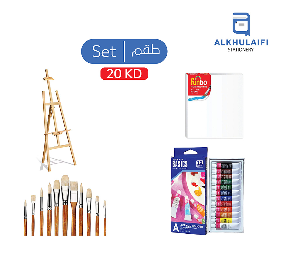 Wooden Easel, Stretched Canvas, Acrylic Colour Set, Paint Brush Set