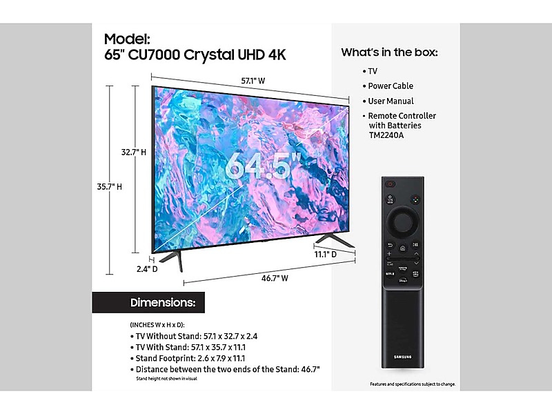 Samsung 65 inch Smart TV UA65cu7000