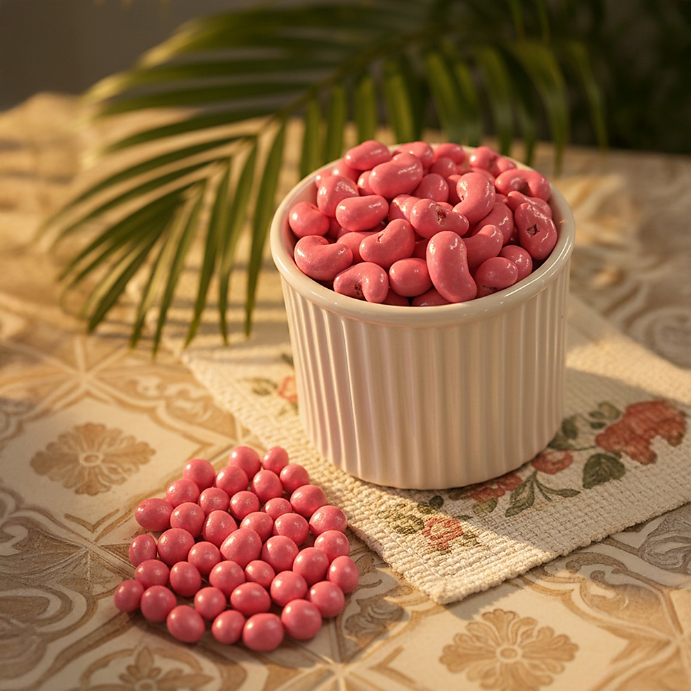 Raspberry-flavored strawberry dragee