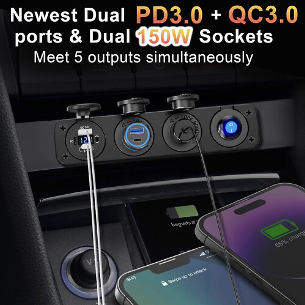 (4in1) 12V USB Cigarette Lighter Socket Panel