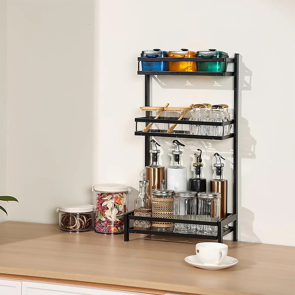 Zefi 3-Tier Metal Kitchen Storage Rack, Black, Spice Shelf, Countertop Organizer, Easy To Assemble A