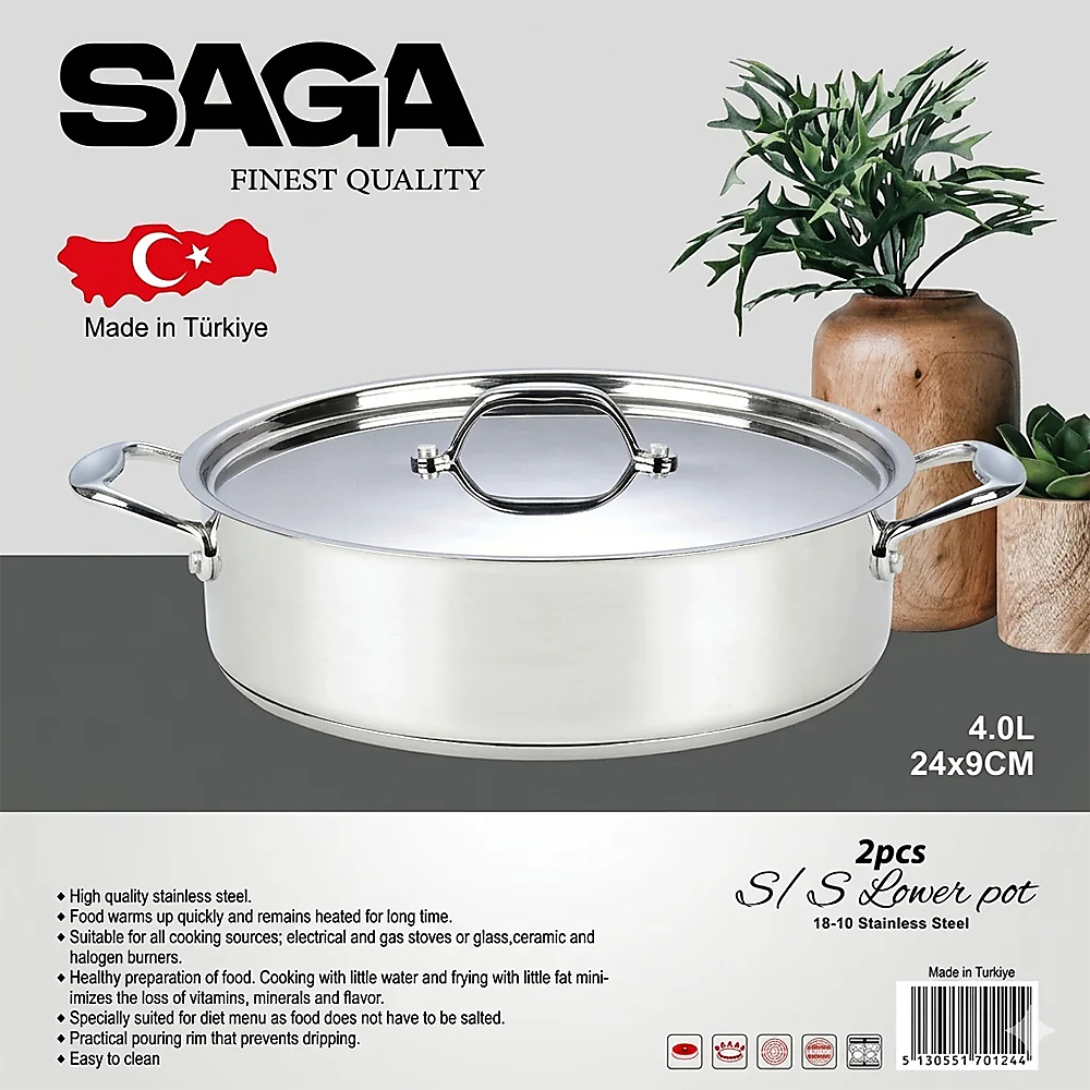 SAGA Turkish Stainless Steel 18/10 Pot | Model: H1701/24 | 24 Cm – 4 Liters