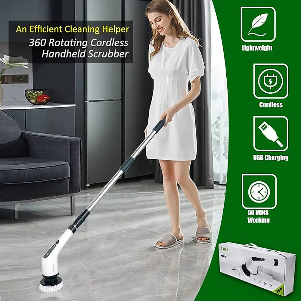Multi-Purpose Electric Spin Scrubber With 5 Heads And Extension Rod