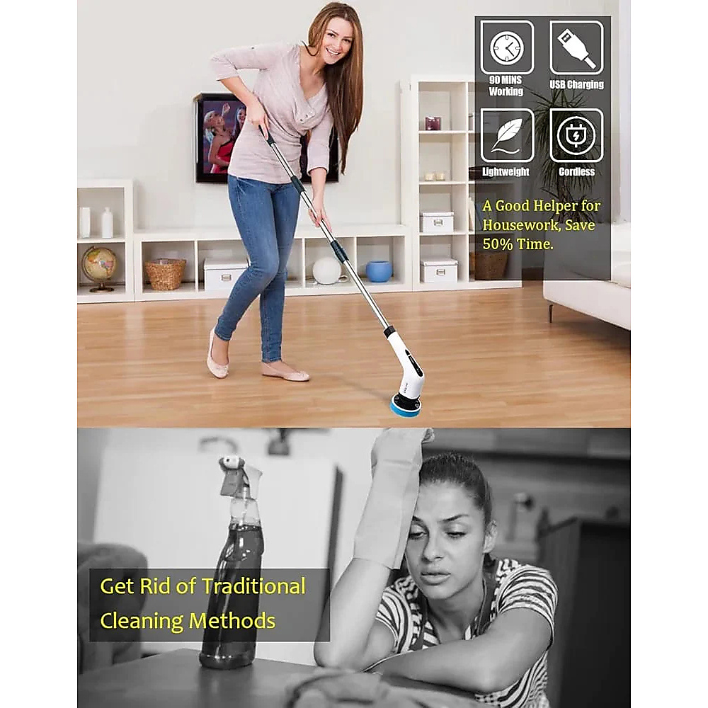 Multi-Purpose Electric Spin Scrubber With 5 Heads And Extension Rod