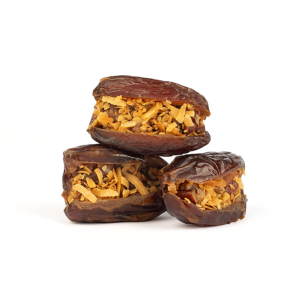 Majdool Dates Stuffed With Peacan and Roasted Coconut Wrapped