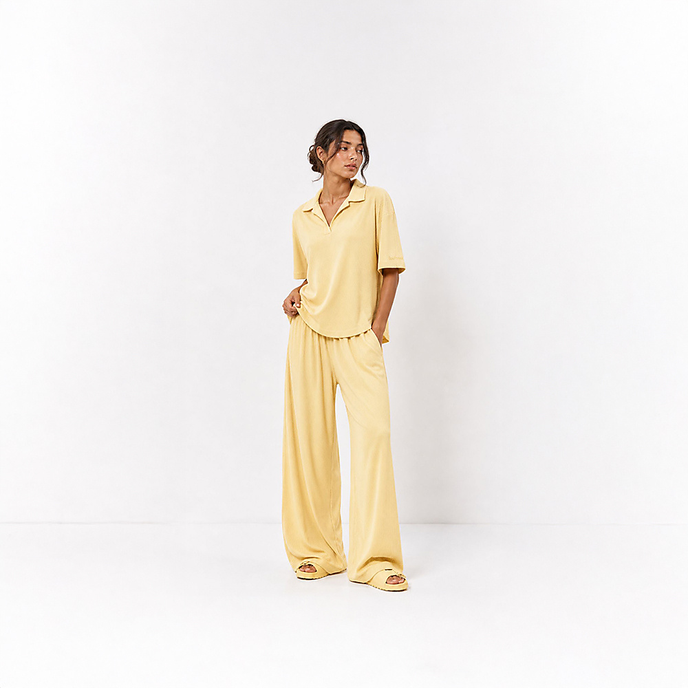 Butter Yellow Soft Cotton With Lines Women Set
