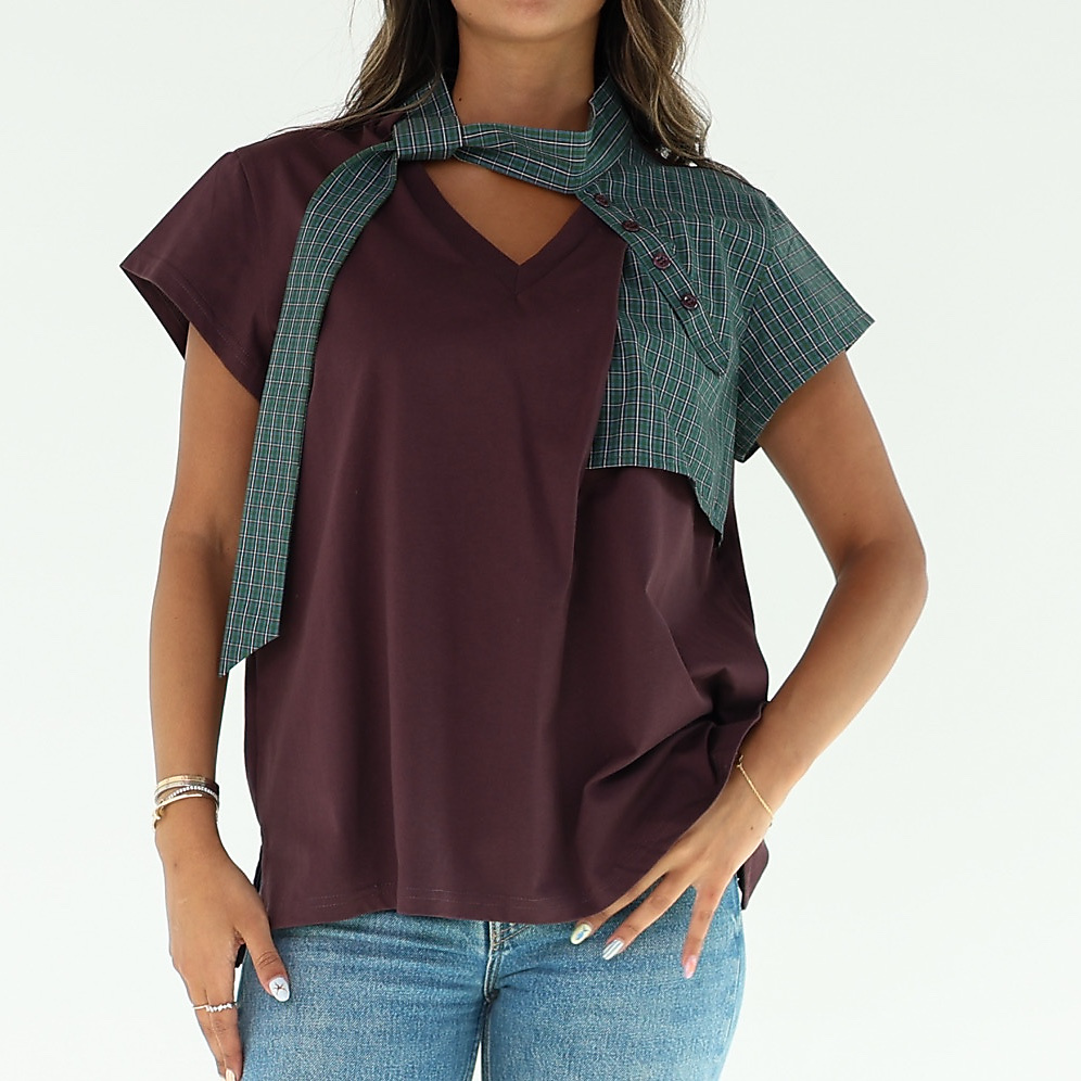 Checked Top Burgandy